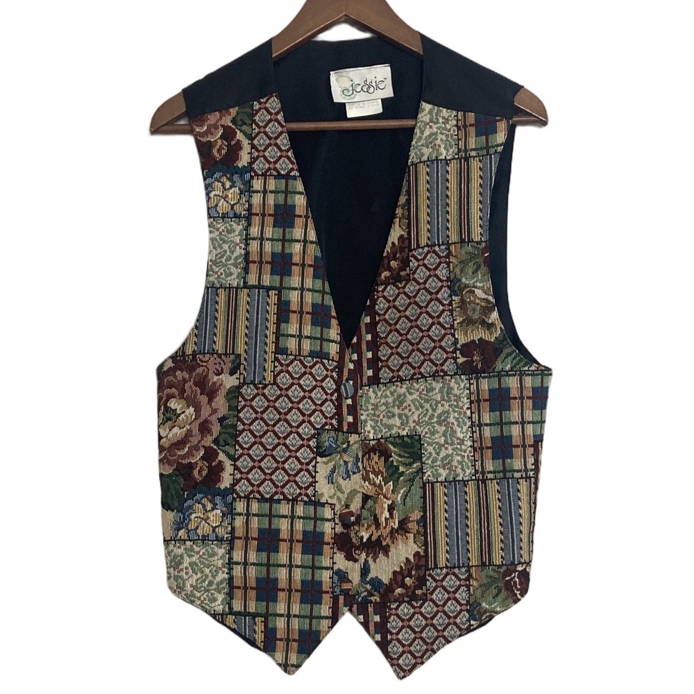 Vintage Tapestry Vest Women XL Red Blue Patchwork Floral Stripes 90s Country Mom